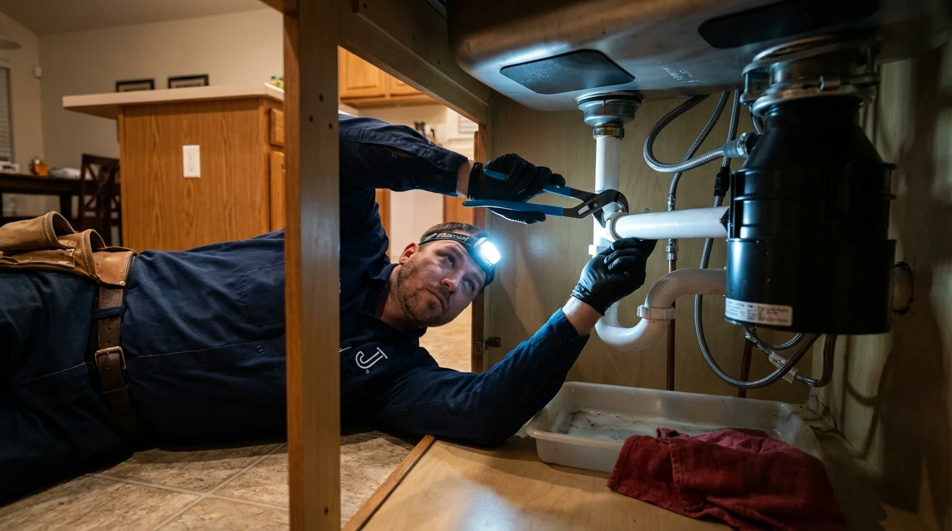 P-trap and supply line connections under a kitchen sink showing a common leak point in Spring Lake, NC